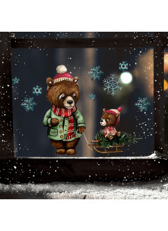 Fensterbild Weihnachtsdeko Weihnachten Bär Papabär Baby Schlitten -wiederverwendbar- Fensterdeko Winter Fensterbilder Kinder bf77