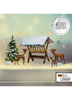 Fensterbild Weihnachtsdeko Weihnachten Futterkrippe Rehe Rehkids Schnee -wiederverwendbar- Fensterdeko Winter Fensterbilder bf81