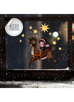 Fensterbild Weihnachtsdeko Mädchen Reh Sterne -wiederverwendbar- Fensterdeko Winter Fensterbilder Kinder Zimmer bf93