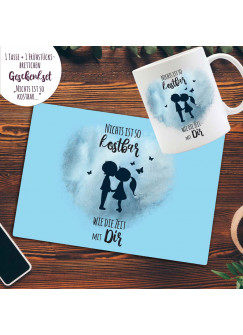 Tasse Becher Frühstücksbrettchen Liebespaar Paar Pärchen blaues Herz & Spruch kostbar mit Dir Geschenk Valentinstag Bundle30