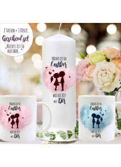 Tasse Becher Liebespaar Paar Pärchen blau rosa Herz Kerze Valentinstagskerze & Spruch kostbar mit Dir Geschenk Valentinstag Bundle32