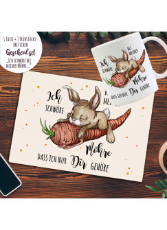 Tasse Becher Frühstücksbrettchen Hase Häschen Spruch schwöre bei Möhre dir gehöre Geschenk Valentinstag Bundle33