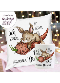 Tasse Becher Kissen Hase Häschen Spruch schwöre bei Möhre dir gehöre Geschenk Valentinstag Bundle34