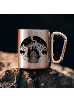 Campingbecher Edelstahl mit Karabiner Tasse Becher Kaffeebecher Camping Spruch Rückseite Bäume und Sterne mit Bergseemotiv cb02