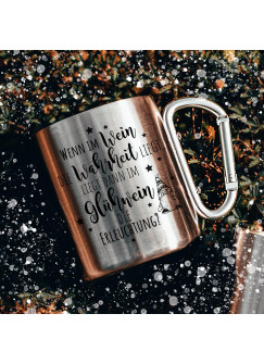 Campingbecher Edelstahl mit Karabiner Tasse Becher Kaffeebecher Camping Glühweinbecher Glühweintasse Spruch Glühwein die Erleuchtung Zwerg Wichtel Motiv cb022