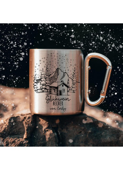 Campingbecher Edelstahl mit Karabiner Tasse Becher Glühweintasse Glühweinbecher mit Wunschname Name Berge Berghütte Motiv Geschenk Weihnachten Winter Bundle97 ts2142 cb025