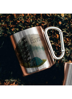 Campingbecher Edelstahl mit Karabiner Tasse Becher Kaffeebecher Camping Im Herzen barfuß mit Zelt und Wald Motiv cb03