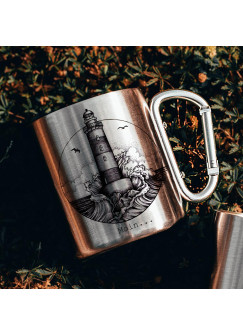 Campingbecher Edelstahl mit Karabiner Tasse Becher Kaffeebecher Camping Spruch Moin... mit Leuchtturm Motiv cb07