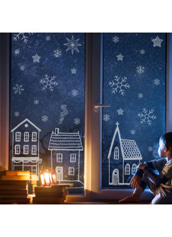 Vorlage Fensterbild Kreidefensterbild Chalky Markers Weihnachtsdeko Weihnachten Weihnachtsbaum Stadt Dorf Haus Häuser Schneeflocken Fensterdeko Fensterbilder ch26