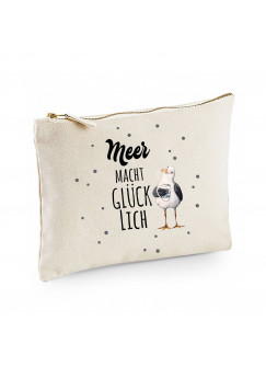 Canvas Pouch Tasche Möwe mit Pott Tasse & Spruch Meer macht glücklich Punkte Vogel Waschtasche Kulturbeutel individuell bedruckt cl12