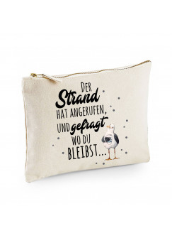 Canvas Pouch Tasche Möwe mit Pott Tasse & Spruch Strand hat angerufen Punkte Vogel Waschtasche Kulturbeutel individuell bedruckt cl13