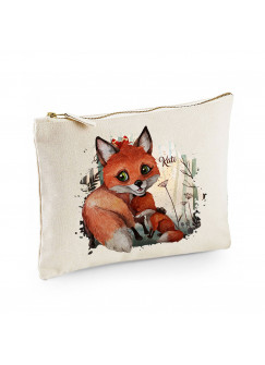 Canvas Pouch Tasche mit Fuchs Fuchsmama mit Junges Waschtasche Kulturbeutel individuell bedruckt Name Wunschnamen cl34