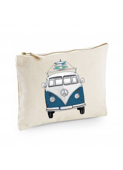 Canvas Pouch Tasche Bulli Bus blau & rot Surfbretter frontal Front vorne Waschtasche Kulturbeutel individuell bedruckt cl40