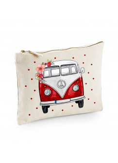 Canvas Pouch Tasche Bulli Bus rot türkis rosa gelb mit Blumen & Punkten frontal Front vorne Waschtasche Kulturbeutel cl41