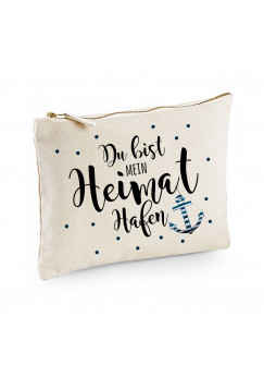 Canvas Pouch Tasche mit Spruch Du bist mein Heimat Hafen & Anker Waschtasche Kulturbeutel individuell bedruckt cl43