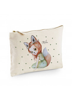 Canvas Pouch Tasche Waschtasche Fuchsmädchen Fara mit grünen Punkten individuell bedruckt mit Name Wunschname Kulturbeutel Motiv cl54