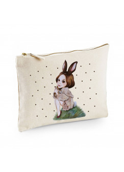 Canvas Pouch Tasche Hasenmädchen Huki mit schwarzen Punkten bedruckt mit Name Wunschname Waschtasche Kulturbeutel Kosmetiktasche cl55