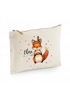 Canvas Pouch Tasche Waschtasche Fuchs Indianerfuchs individuell bedruckt mit Name Wunschname Kulturbeutel Motiv cl57