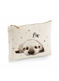 Canvas Pouch Tasche Waschtasche Otter & Punkte individuell bedruckt mit Name Wunschname Kulturbeutel Motiv cl58