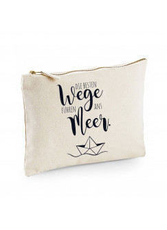 Canvas Pouch Tasche mit Spruch Wege ans Meer & Papierschiff Motiv Waschtasche Kulturbeutel individuell bedruckt cl9