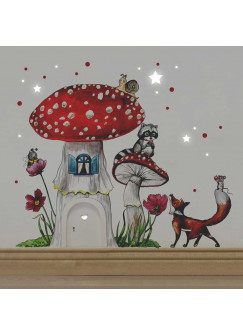 Elfentür Feentür Wichteltür Koboldtür mit Wandtattoo Wandaufkleber Wandsticker Aufkleber Sticker Fliegenpilz mit Waschbär Fuchs und Punkten elves door fairy door pixie door imp door gnome door with wall decal toadstool with raccoon fox and dots e07