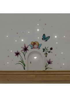 Elfentür Feentür Wichteltür Koboldtür mit Wandtattoo Wandaufkleber Wandsticker Aufkleber Sticker kleine Elfe Fee mit Blumen Schmetterling und Punkten elves door fairy door pixie door imp door gnome door with wall decal sticker little elf fairy with flower