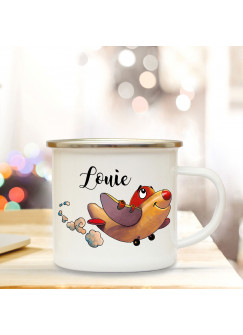 Emaille Becher Camping Tasse mit Flugzeug & Name Wunschname Kaffeetasse Geschenk Kaffeebecher eb101