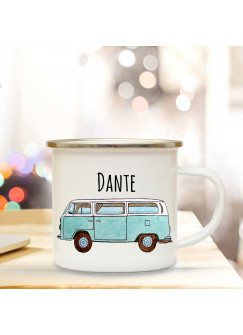 Emaille Becher Camping Tasse mit Bus Bulli Autobus Surfbus hellblau & Name Wunschname Kaffeetasse Geschenk eb103