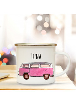 Emaille Becher Camping Tasse mit Bus Bulli pink Autobus Surfbus & Name Wunschname Kaffeetasse Geschenk eb109