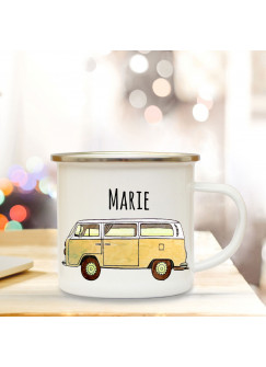 Emaille Becher Camping Tasse mit Bus Bulli gelb Autobus Surfbus & Name Wunschname Kaffeetasse Geschenk eb110