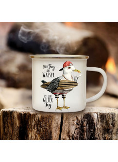 Emaille Becher Camping Tasse maritim Surfer Möwe & Spruch Motto Jeder Tag am Wasser... Kaffeetasse Zitat Geschenk eb112