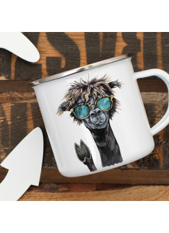 Emaille Tasse Becher mit Lama & Sonnebrille Kaffeebecher Kaffeetasse eb11