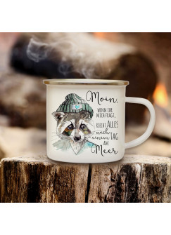 Emaille Becher Camping Tasse Waschbär Kaffeetasse Geschenk maritim Spruch Motto ...ein Tag am Meer eb124