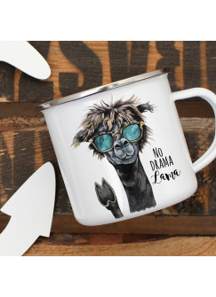 Emaille Tasse Becher mit Lama & Sonnebrille Kaffeebecher mit Spruch NO Drama Lama eb12