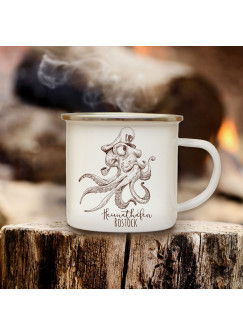 Emaille Becher Camping Tasse mit Oktopus Krake Kaffeetasse Geschenk maritim mit Spruch Motto Heimathafen Rostock eb134