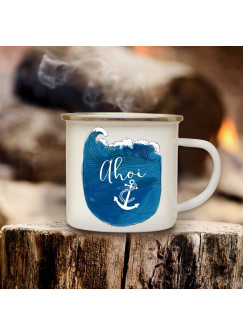 Emaille Becher Maritim Camping Tasse Kaffeetasse Anker Meer Welle & Spruch Motto Ahoi eb136