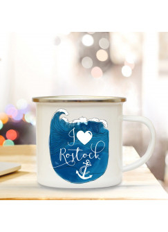 Emaillebecher Anker Kaffeebecher Campingbecher mit Spruch "I love Rostock" Geschenk eb138