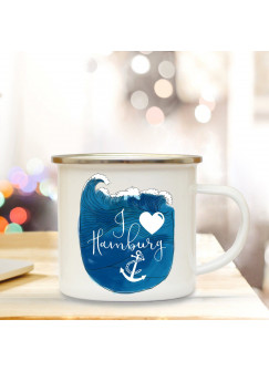 Emaillebecher Anker Kaffeebecher Campingbecher mit Spruch "I love Hamburg" Geschenk eb139