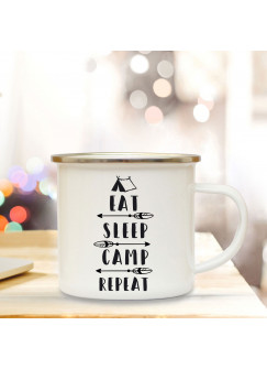 Emaille Becher Camping Tasse Zelt & Spruch Motto eat sleep camp and repeat Kaffeetasse Zitat Geschenk eb141