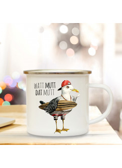 Emaille Becher Camping Tasse surf Möwe & Spruch Motto Watt mutt dat mutt Kaffeetasse Zitat Geschenk eb146