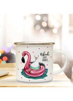 Emaille Becher Camping Tasse Möwe Flamingo & Spruch Urlaub geht immer Kaffeetasse Geschenk eb172