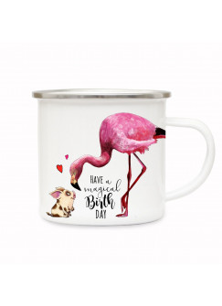 Emaille Becher Geburtstag Camping Tasse Flamingo & Schweinchen mit Spruch magical birthday Kaffeetasse Geschenk eb173