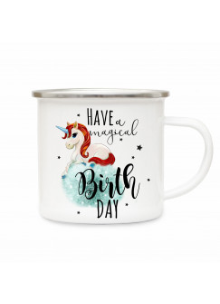 Emaille Becher Camping Tasse Einhorn Pusteblume & Spruch have a magical birthday Kaffeetasse Geschenk eb176