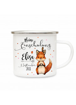 Emaille Becher Camping Tasse Fuchs & Spruch meine Einschulung Kaffeetasse Geschenk mit Name Wunschname & Datum eb178