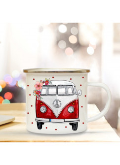 Emaille Tasse Becher Camper Surfbus & Punkte Bulli Campingbecher Kaffeebecher Sommer Sonne Surfen mit Wunschname eb17