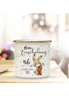 Emaille Becher Camping Tasse Hase Häschen & Spruch meine Einschulung Kaffeetasse Geschenk mit Name Wunschname & Datum eb181