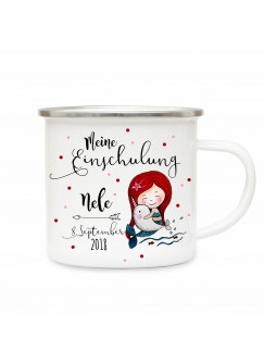 Emaille Becher Camping Tasse Meerjungfrau & Spruch meine Einschulung Kaffeetasse Geschenk mit Name Wunschname & Datum eb182