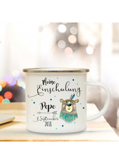 Emaille Becher Camping Tasse Boho Bär & Spruch meine Einschulung Kaffeetasse Geschenk mit Name Wunschname & Datum eb183