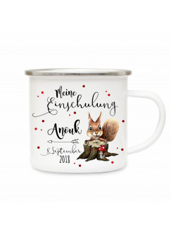 Emaille Becher Camping Tasse Eichhörnchen & Spruch meine Einschulung Kaffeetasse Geschenk mit Name Wunschname & Datum eb184