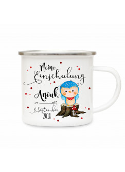 Emaille Becher Camping Tasse Eule Eulchen & Spruch meine Einschulung Kaffeetasse Geschenk mit Name Wunschname & Datum eb185